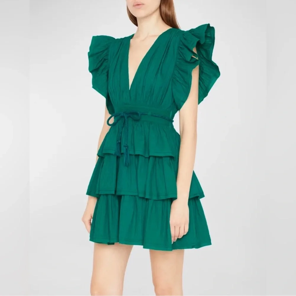 NEW ULLA JOHNSON Camilla Tiered Mini Dress in Verdigris - Picture 10 of 10